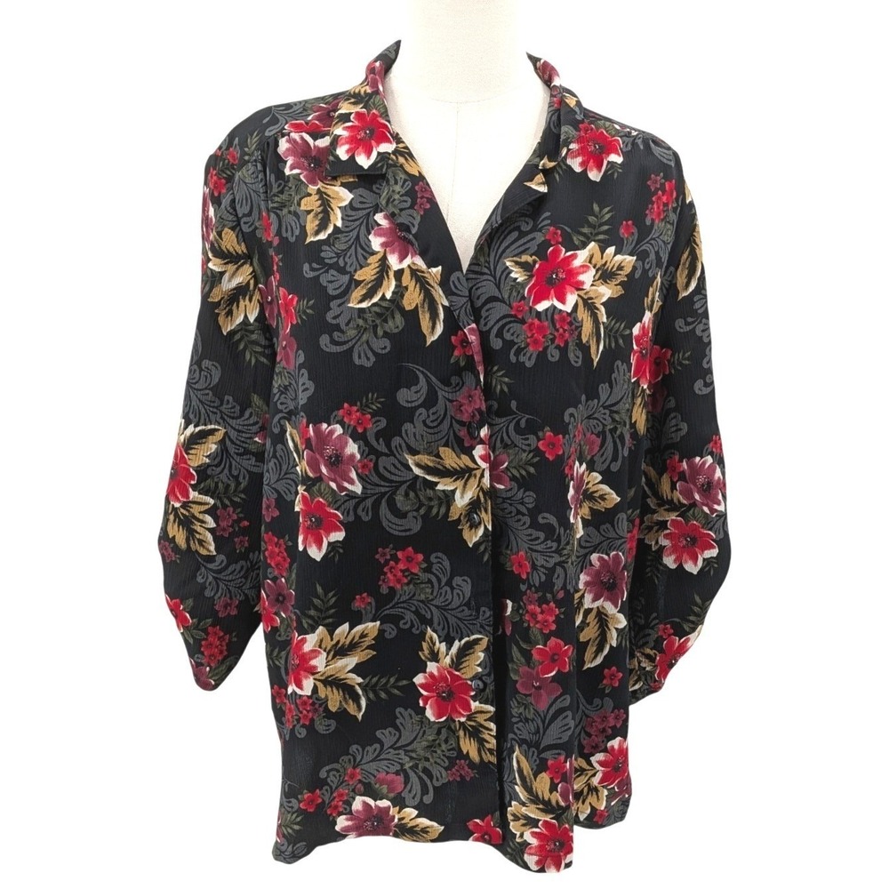 Vintage‎ Floral Blouse Black Red Lightweight Button Front XL Romantic Feminine